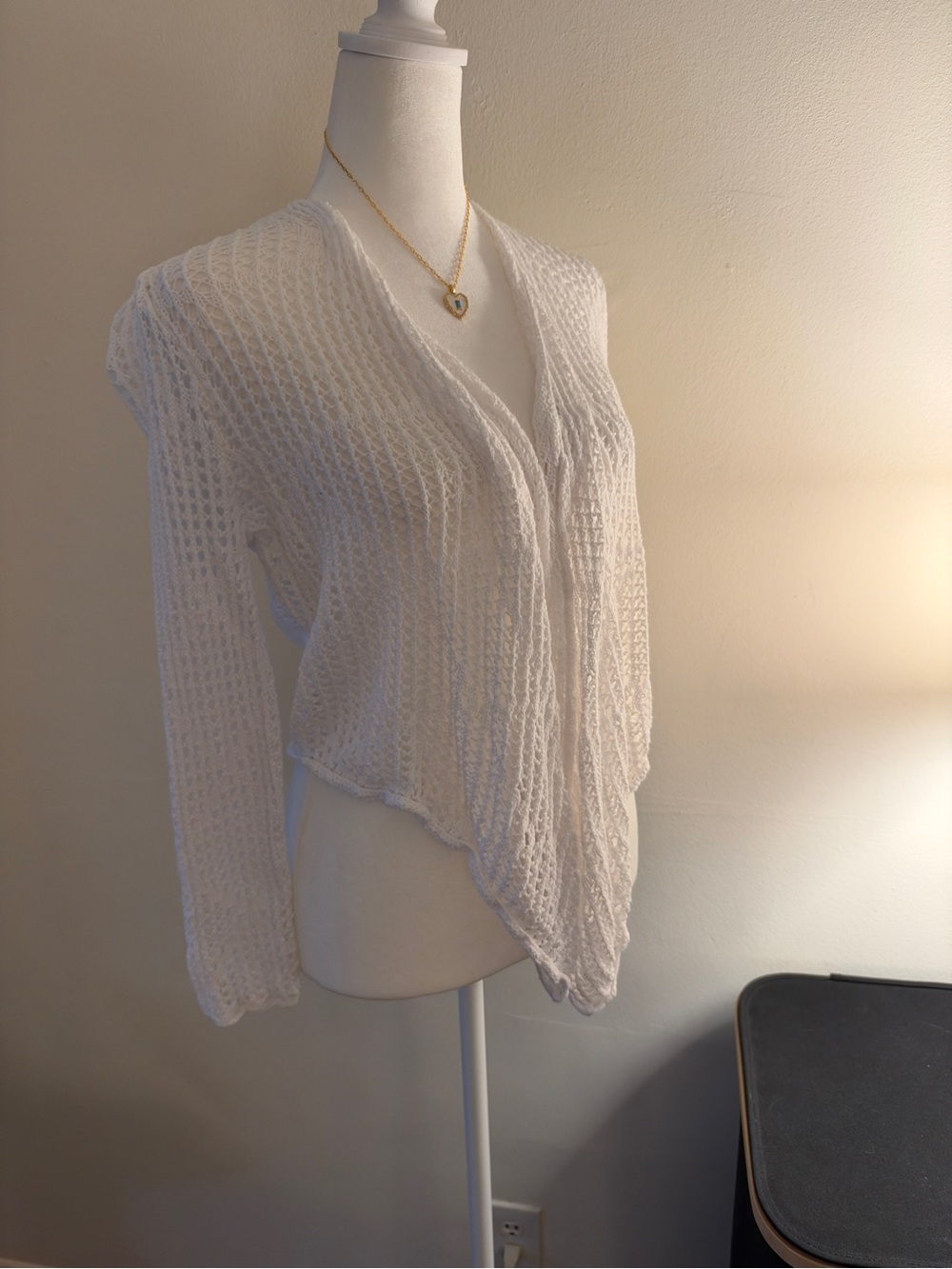 Women's White Open-Weave Draped Cardigan